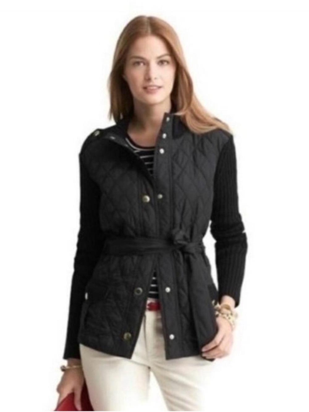 Banana Republic Quilted Jacket Wool Knit Sleeves Belted Black Gold Button Size s